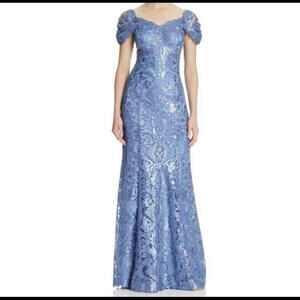 TADASHI SHOJI blue sequin beaded cap sleeve formal gown